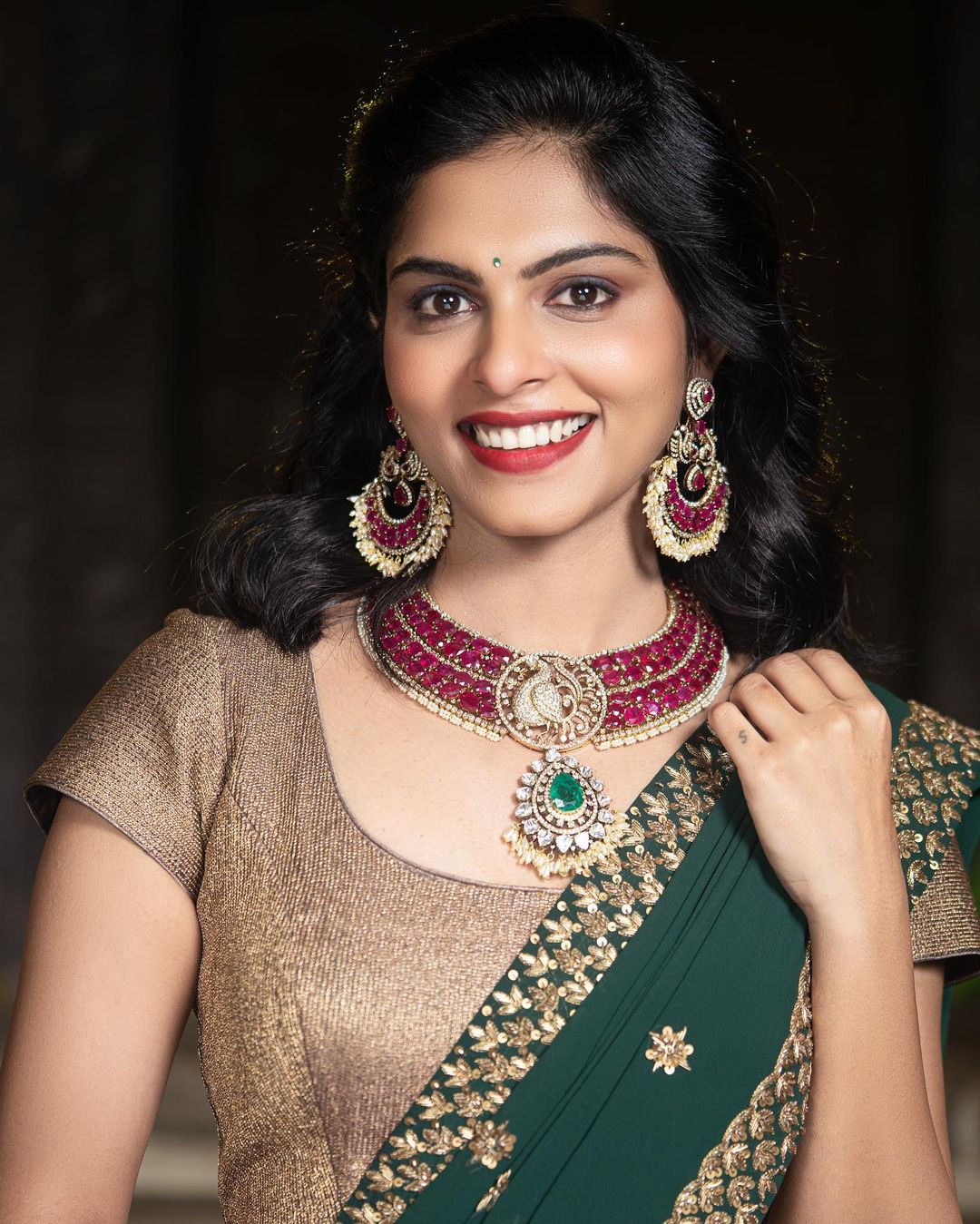 Tollywood Actress Mounika Reddy Stills in Green Lehenga Choli